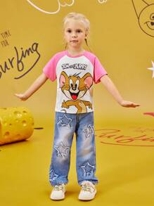 TOM & JERRY X SHEIN Young Girl Cartoon Print Contrast Raglan Sleeve Casual T-Shirt, Summer Graphic Tee