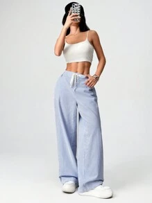 SHEIN EZwear Pantalon large en bleu et blanc rayé tissé pour femmes - Bleu et Blanc - Voir 4