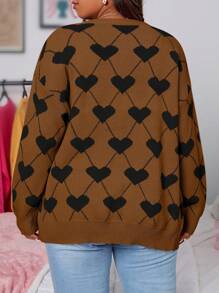 Flirla Plus Size Women's Fall/Winter Casual Heart Print Drop Shoulder Long Sleeve Cardigan