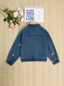 Girls' Sweet Fashion Bowknot Embroidery Loose Comfortable Denim Jacket With Elastic Hem - Dark Wash - View 2