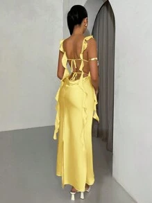 SHEIN BAE Vestido largo de mujer con tirantes finos, cuello con drapeado y espalda descubierta para vacaciones, vestido de graduación y boda