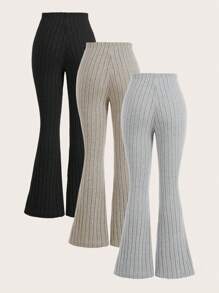 SHEIN Girlism Teen Girl 1 Get 2Free 3pcs/Set ,Solid Color Ribbed Flared Leggings