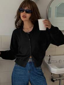 DAZY Áo khoác cardigan dài tay cổ tròn rộng rãi cho nữ - màu đen - Xem 6