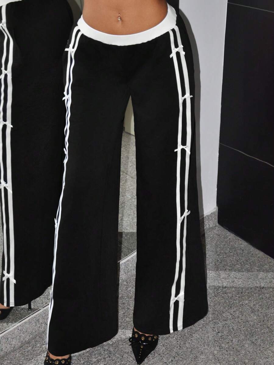 SHEIN ICON Women's Y2k Sporty Casual Going Out Fall Outfits Black Low-Rise Two-Tone Bow Wide Leg Sweatpants - Black - View 1