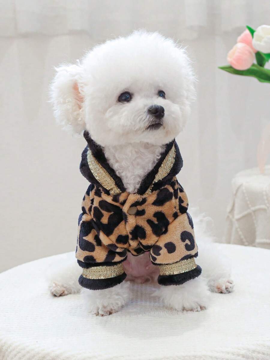 PETSIN 1 件毛绒豹纹宠物连帽外套，厚实保暖，适合牵绳的狗狗夹克 - 彩色 - 查看 1
