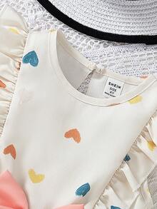 SHEIN Vintaside Kids Young Girl Heart Print Ruffle Hem Bow Accent Summer Dress