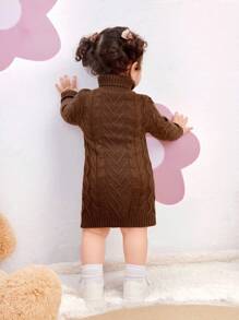 SHEIN Leap Crew Baby Girl Adorable Solid Color Cable Knit Turtleneck Sweater Dress For Fall/Winter - Multicolor - View 2