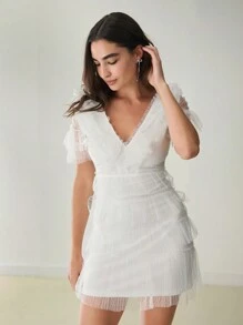 Enchnt Vestido curto de malha elegante de cor sólida para verão feminino - Branco - Ver 7