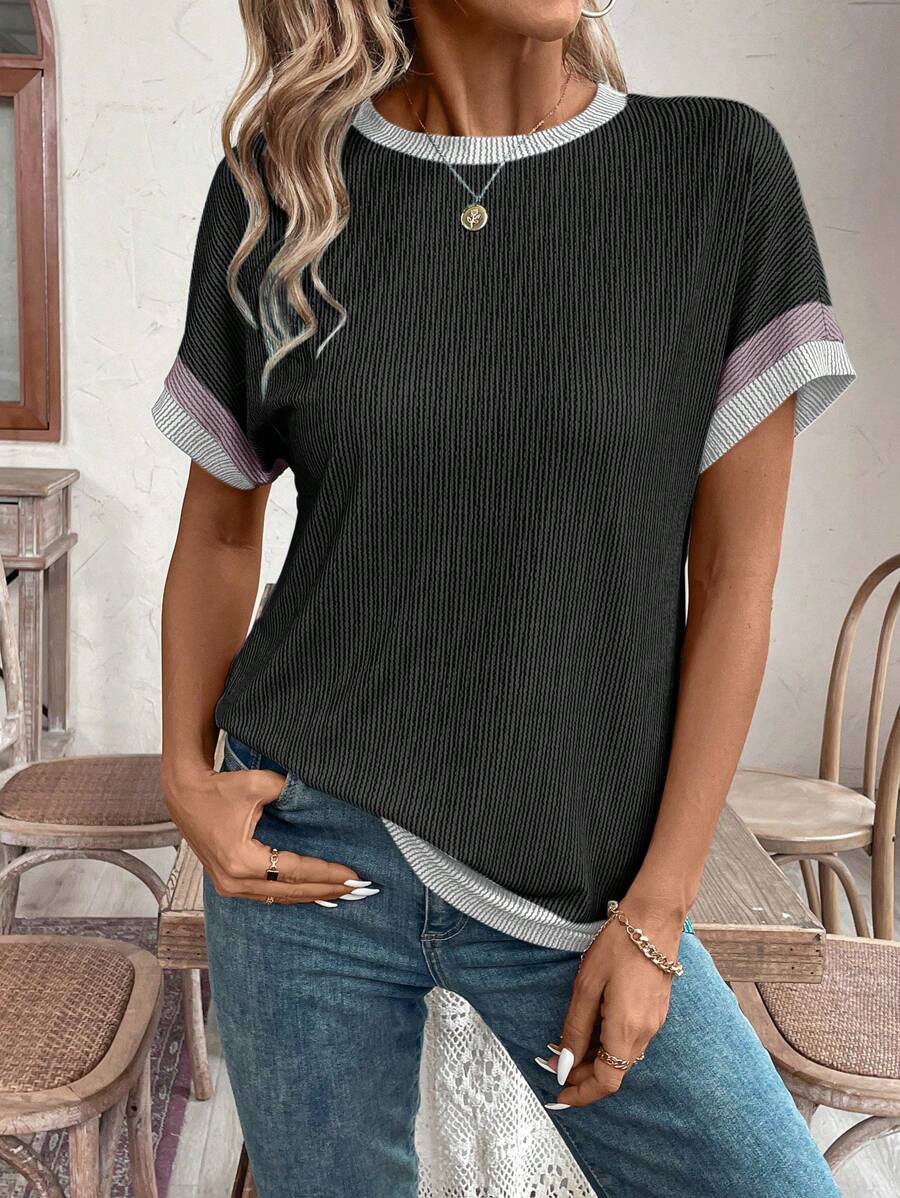 SHEIN LUNE Áo thun cổ tròn tay ngắn màu đơn giản - màu đen - Xem 1