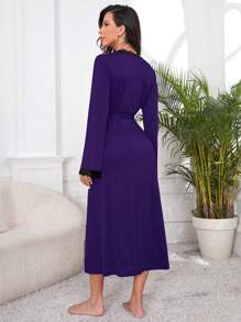 SHEIN Women Contrast Lace Long Belted Robe And Cami Nightgown Sleepwear Pajama Set Cozy And Elegant Details, Fall Winter Clothes - Purple - View 2