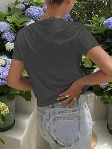 Livesso Solid Color Scoop Neck Fitted Short Sleeve Women T-Shirt Summer