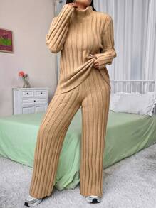 SHEIN Unity Plus Size Women's Solid Color Long Sleeve Casual Sweater And Knit Pants Set For Fall And Winter - Khaki - View 7