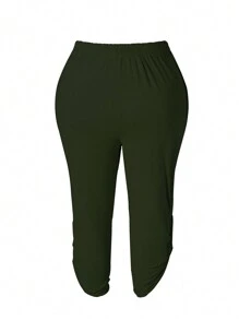 SHEIN LUNE 大码女式纯色松紧腰七分休闲裤 - 軍綠色 - 查看 2