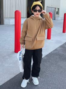 Chaqueta informal suelta tejida con bolsillo con parche y cremallera media para niños preadolescentes - Marrón - Ver 3