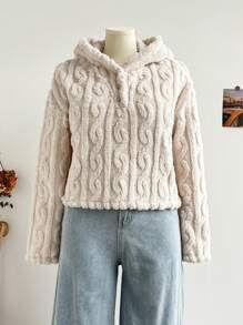 Dreamara Plus Size Women's Hooded Sweater, White Cable Knit Fleece, Adjustable Drawstring Hem, Long Sleeve Warm Pullover For Autumn & Winter