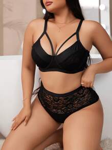 2pcs Plus Size Floral Lace Splicing Wireless Bralette And Thong Panty Set, Lingerie - Black - View 3