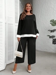 EMERY ROSE 2 Teile Lose Damen Set in Große Größen mit Farbblockdesign, bestehend aus Rundhals Langarm Oberteil und weiter Hose für den Herbst