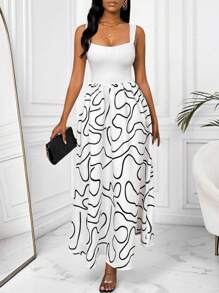 Zolique Vestido de verano elegante con estampado de color contrastante y patchwork sin mangas - Blanco y Negro - Ver 1