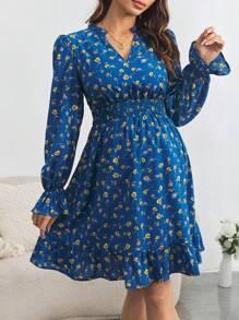 SHEIN 孕妇碎花缺口领褶皱腰连衣裙 - 藍色 - 查看 1