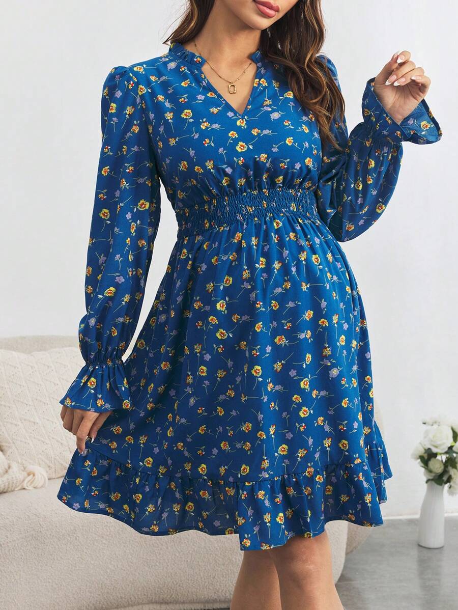 SHEIN 孕妇碎花缺口领褶皱腰连衣裙 - 藍色 - 查看 1