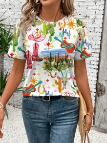 EMERY ROSE 休闲简约全身仙人掌、吉他、牛头图案圆领宽松短袖 T 恤女士夏季 - 白色 - 查看 1