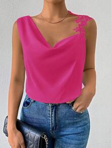 Chiquease Damen Sommer Bluse mit einfarbigem Volant Kragen, Spitzen Kontrast und ärmellos, elegant - Heißes Pink - Übersicht 3