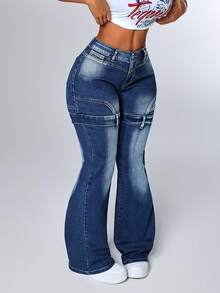 SHEIN ICON Women's Denim Flare Jeans With Ribbon Design, Casual And Versatile - Blue - View 4