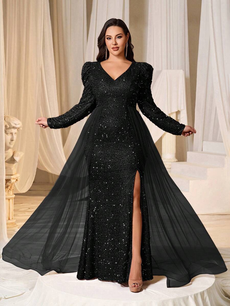 Faeriesty Plus Size Gigot Sleeve Mesh Patchwork High Slit Sequin Maxi Evening Dress - Black - View 1