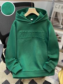 SHEIN Jersey con capucha verde informal para chicos adolescentes con texto en inglés en relieve, adecuado para otoño, invierno, calidez, universitario, ocio, uso diario, deporte, fiesta de cumpleaños, salida, todo a juego y diseño sencillo