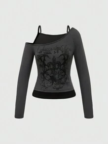 ROMWE Grunge Punk Grunge Vine Print Contrast Color Drop Shoulder Women T-Shirt - Dark Grey - View 1