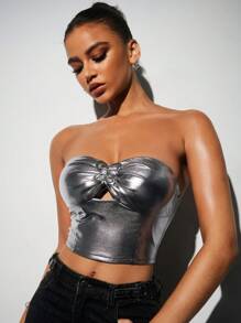 Aloruh Damen Sexy Chic YTK Mode Club Wear Ausgehobenen engen glänzenden PU Kurz-Camisole Top Ausgehtops Halloween Tops Partytops - Silber - Übersicht 5