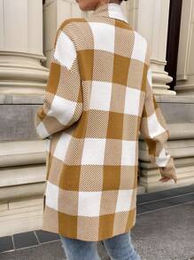 SHEIN Kardigan Kotak-kotak Lengan Panjang, Sweater Panjang, Pakaian Kasual, Untuk Ibu Hamil, Untuk Musim Dingin - Khaki - View 2