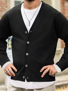 Manfinity Homme Áo len trễ vai màu trơn giản dị cho nam, mùa xuân, mùa thu - màu đen - Xem 4