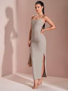 SHEIN BAE Đầm bodycon đen gợi cảm hở lưng, cổ vuông, dây mảnh, buộc chéo gợi cảm mùa hè - Xám - Xem 3