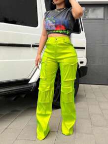Pantalones de Mujer Botón Bolsillo Cremallera Liso Casual - Verde Lima - Ver 4