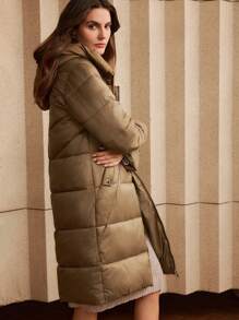 Anewsta Veste beige à capuche longue pour femmes avec couture horizontale