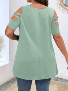 SHEIN LUNE 大码女式夏季纯色拉链半襟露肩短袖休闲 T 恤 - 綠色 - 查看 2