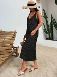 EURMUSE V Neck Ajour Midi Dress With Straps - Black - View 4