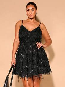 SHEIN BAE 大码秋季女式时尚亮片装饰细肩带连衣裙优雅迷你连衣裙适合正式场合约会和生日派对 - 黑色 - 查看 5