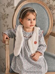 SHEIN 2pcs/Set Baby Girl Thick Warm Fleece Vest & Ditsy Floral Ruffle Hem Dress Set, Suitable For Outings, Christmas - Multicolor - View 1