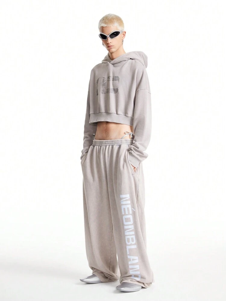 Men's Street Style Acid-Washed Knitted Loose Wide-Leg Baggy Sweatpants, Suitable For Fall & Winter