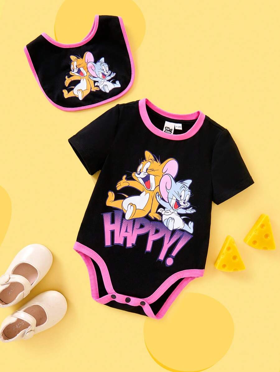 TOM & JERRY X SHEIN Body de bebé niña con bloqueo de color, estampado de ratón de dibujos animados y babero - Negro - Ver 1