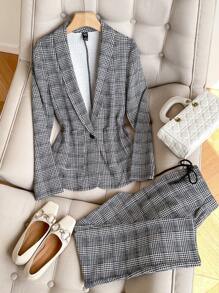 Women's Plaid Lapel Long Sleeve Blazer And Pants Suit, Casual Commuter Outfit For Spring And Autumn - Multicolor - View 1