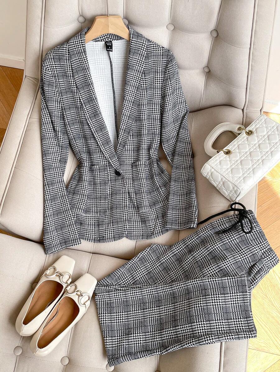 Women's Plaid Lapel Long Sleeve Blazer And Pants Suit, Casual Commuter Outfit For Spring And Autumn - Multicolor - View 1