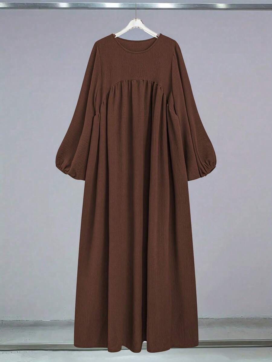 Al Najma Einfarbiges rundhalsiges Langarm Raffungskleid Chic arabischer Bescheidener Stil, Lässiges Smockkleid arabischer Stil
