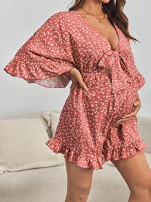 SHEIN Maternity City Vacation Tie Bow Loose Romper - Pink - View 4