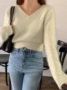 DAZY Suéter de cuello en V de unicolor para mujer