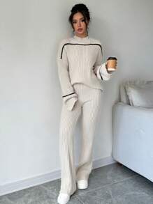 Selianne 2pcs Women Contrast Striped Print Turtleneck Sweater And Solid Color Pants Set Fall Winter Cloth For Women - Apricot - View 6