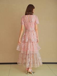 MOTF STUDIO 刺绣网布覆层立领泡泡袖层叠荷叶边下摆连衣裙 - 粉色 - 查看 4