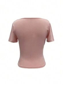 DAZY Women Solid Color Slim Fit Ruched Off-Shoulder Design T-Shirt Summer - Pink - View 2